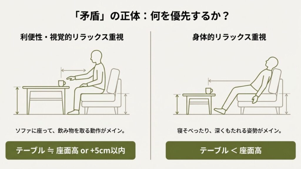 座って飲み物を取る利便性を重視する場合は高め、深くもたれて寝そべる場合は低めのテーブルが良いことを比較した図解。