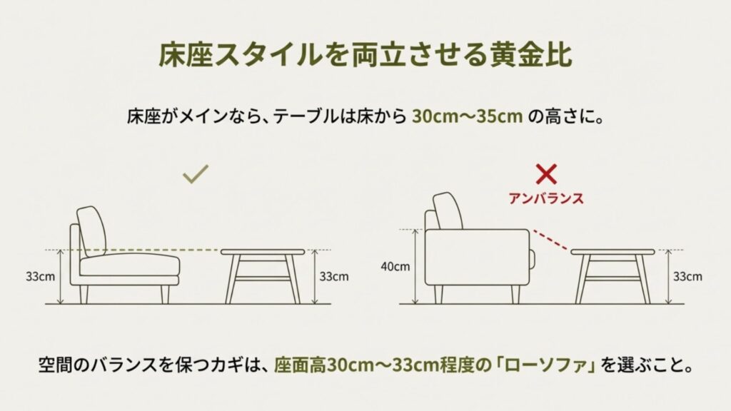 床座スタイルの場合、テーブルは33cm前後、ソファもそれに合わせたロータイプを選ぶとバランスが良いことを示すGoodとBadの比較図。