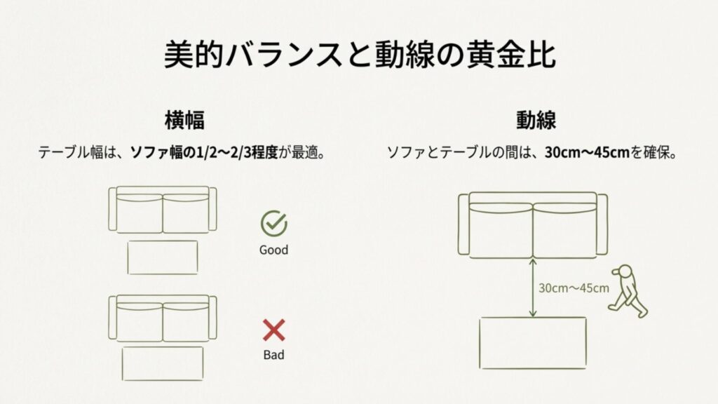 テーブルの横幅はソファの1/2〜2/3、ソファとの間隔（動線）は30cm〜45cmが最適であることを示した平面図。