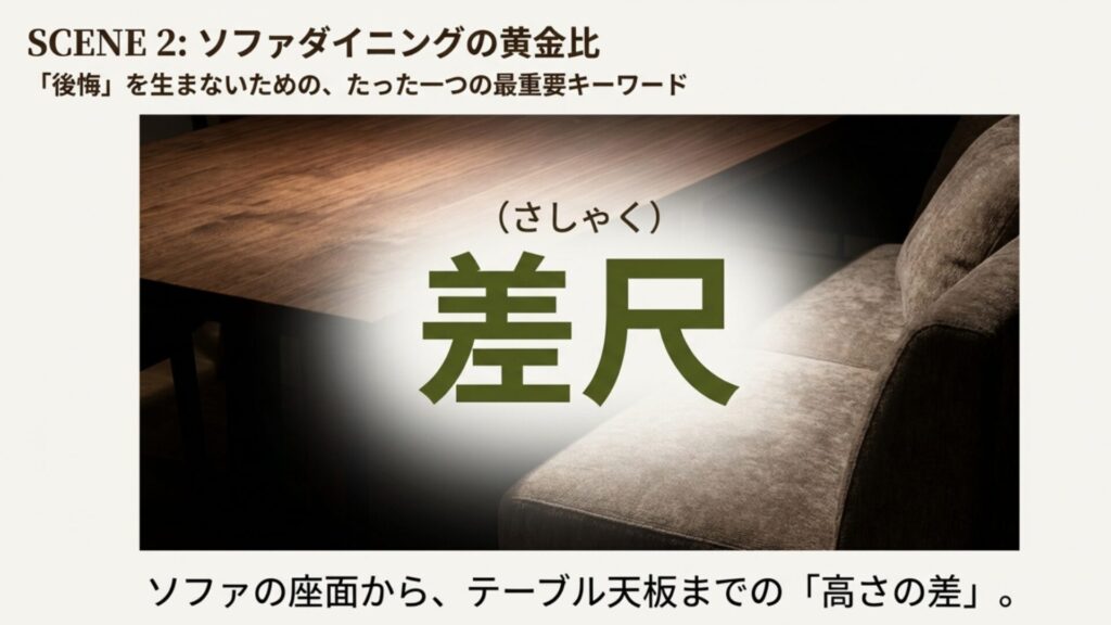 ソファの座面からテーブル天板までの高さの差である「差尺」を説明するスライド。
