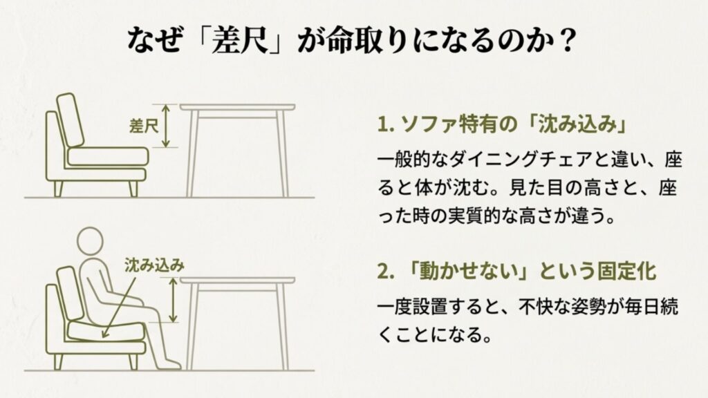 ソファは座ると沈み込むため、見た目の高さと座った時の実質的な高さが異なることを示した図解。