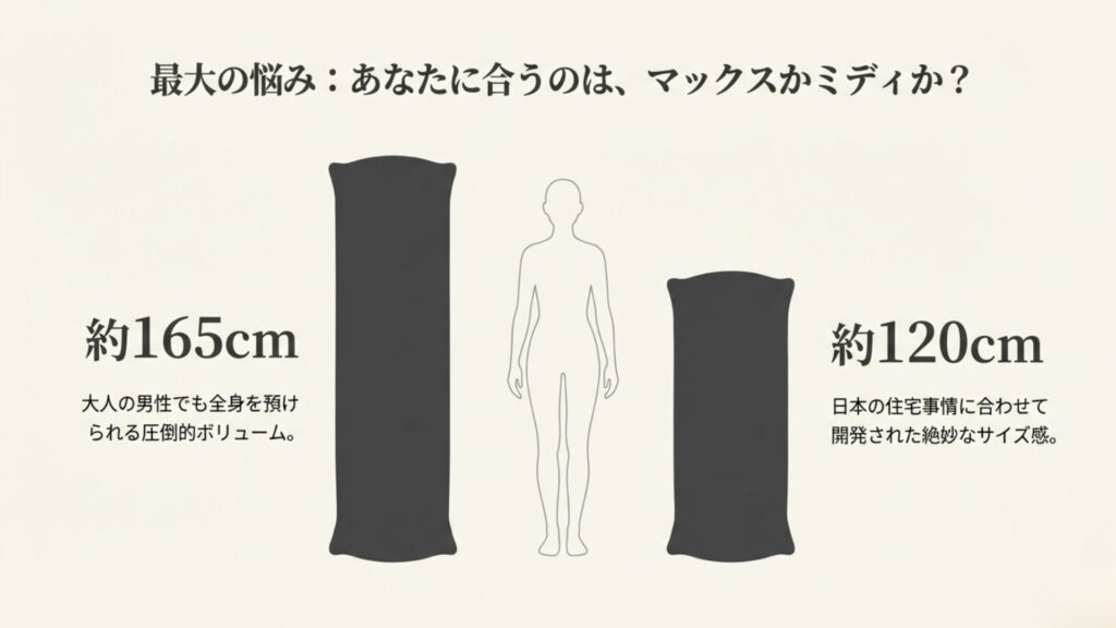 ヨギボーロールマックス(約165cm)とロールミディ(約120cm)のサイズ比較図。身長に対する大きさの違い。