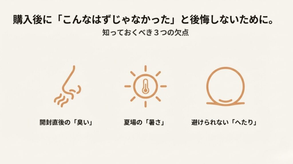 ヨギボーの3つの欠点。開封直後の臭い、夏場の暑さ、避けられないへたりについての注意点。