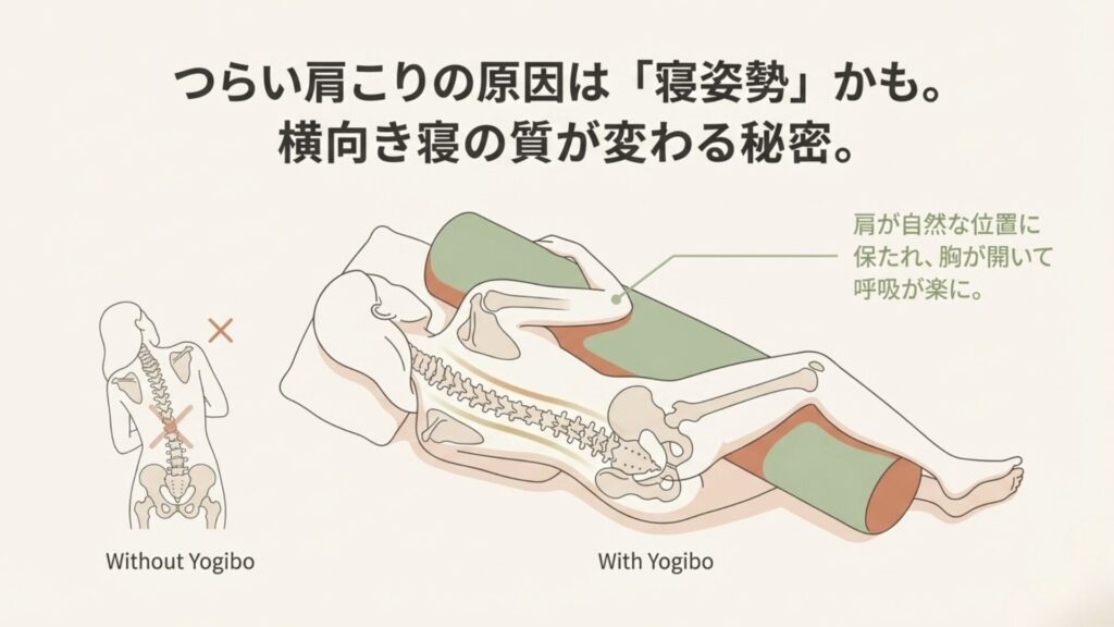 ヨギボーを使った横向き寝(シムス位)の図解。肩が自然な位置に保たれ、呼吸が楽になる仕組み。