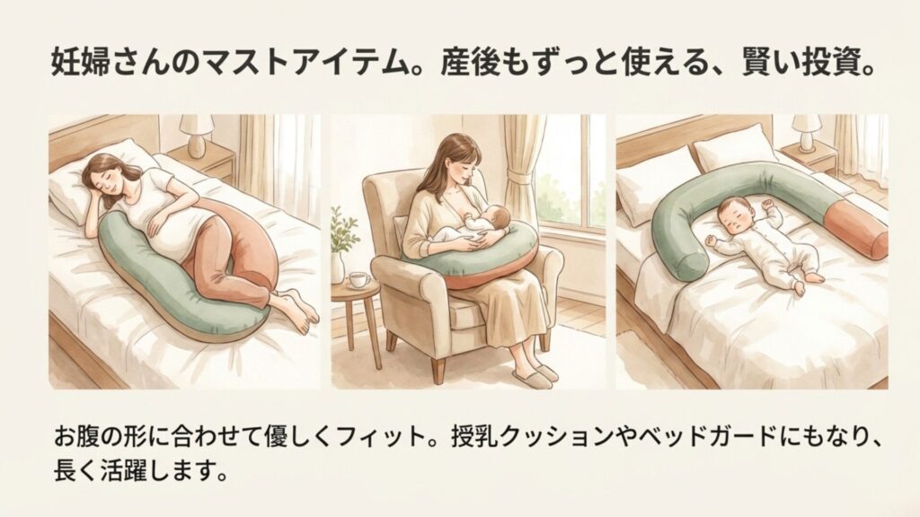 妊婦さんのマストアイテム。妊娠中の抱き枕、授乳クッション、赤ちゃんのベッドガードとして使える3つのシーン。