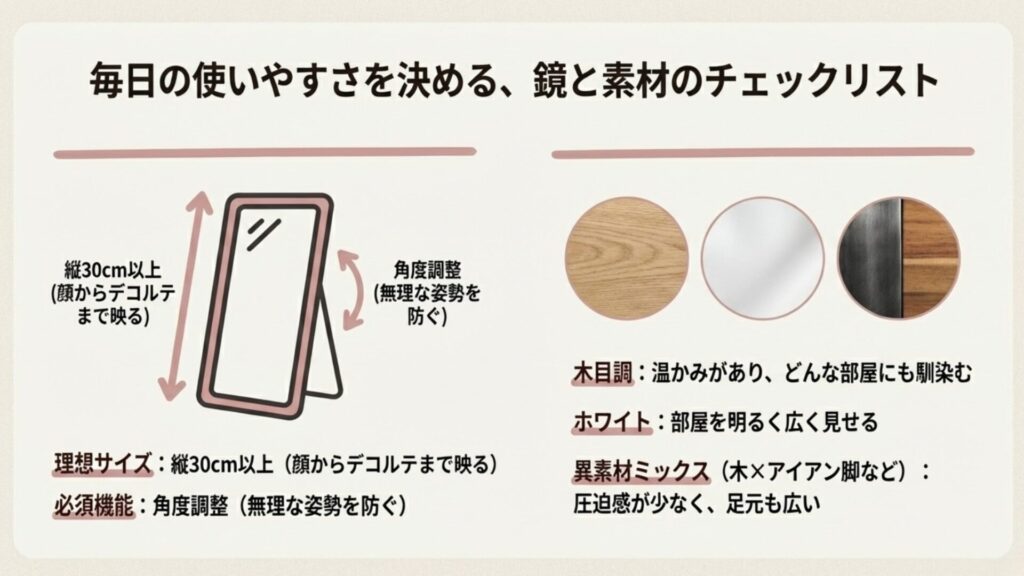 鏡の推奨サイズ(縦30cm以上)と、木目調や異素材ミックスなどのデザイン素材の特徴まとめ