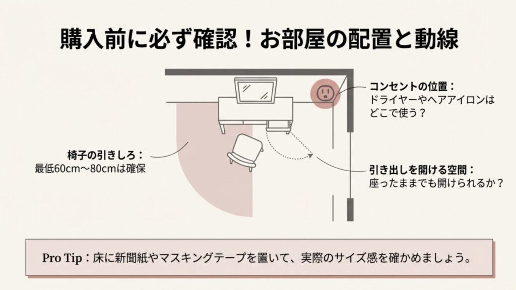 椅子の引きしろやコンセントの位置など、購入前に確認すべき部屋のレイアウトと動線の注意点