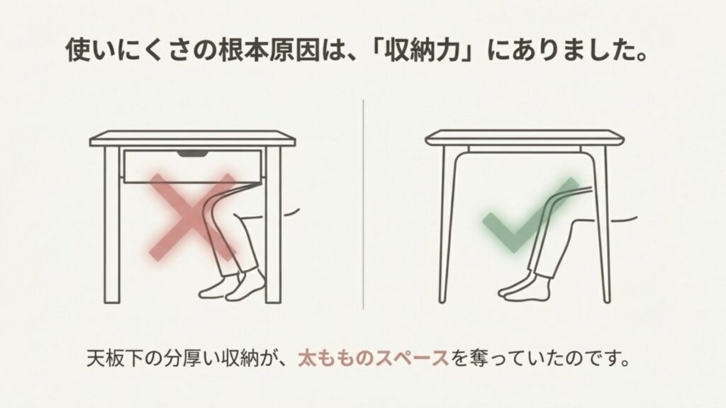 分厚い引き出しが太ももを圧迫する悪い例と、天板下がスッキリして足が快適に入る良い例の比較図