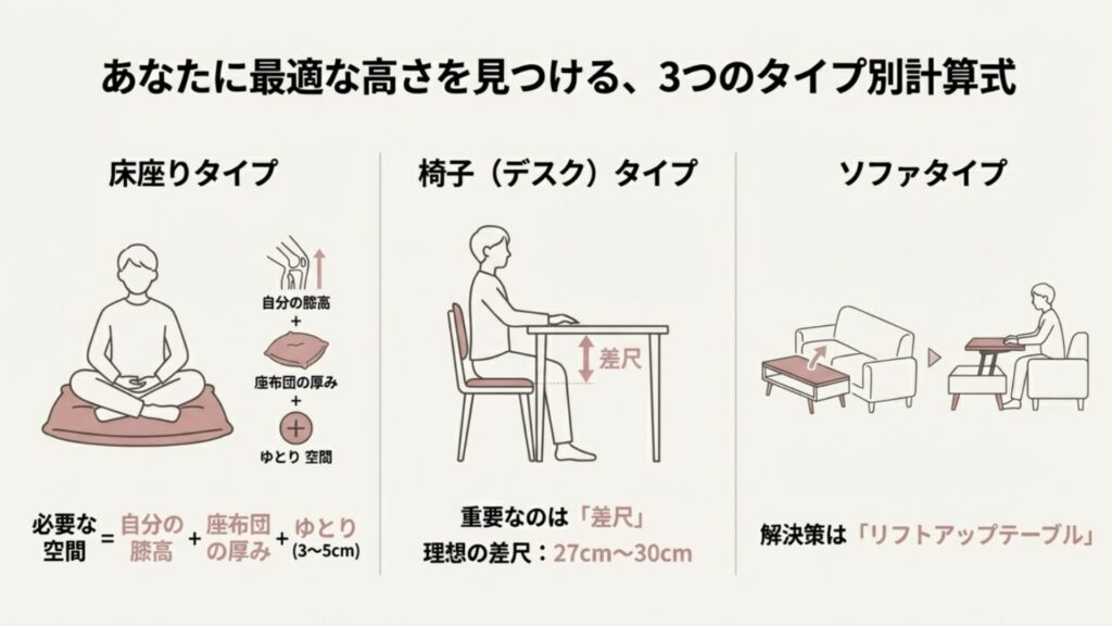 床座り、椅子座り、ソファ座りのそれぞれのタイプにおける、膝高と差尺の計算方法を図解したスライド