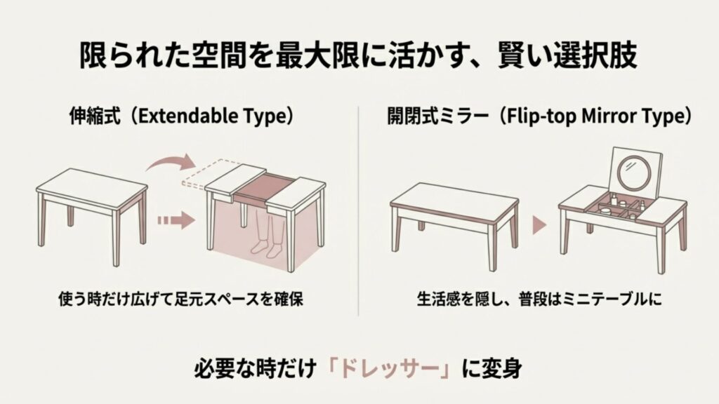 必要な時だけ広げて使える伸縮式テーブルと、鏡を閉じればデスクになる開閉式ミラータイプのイラスト