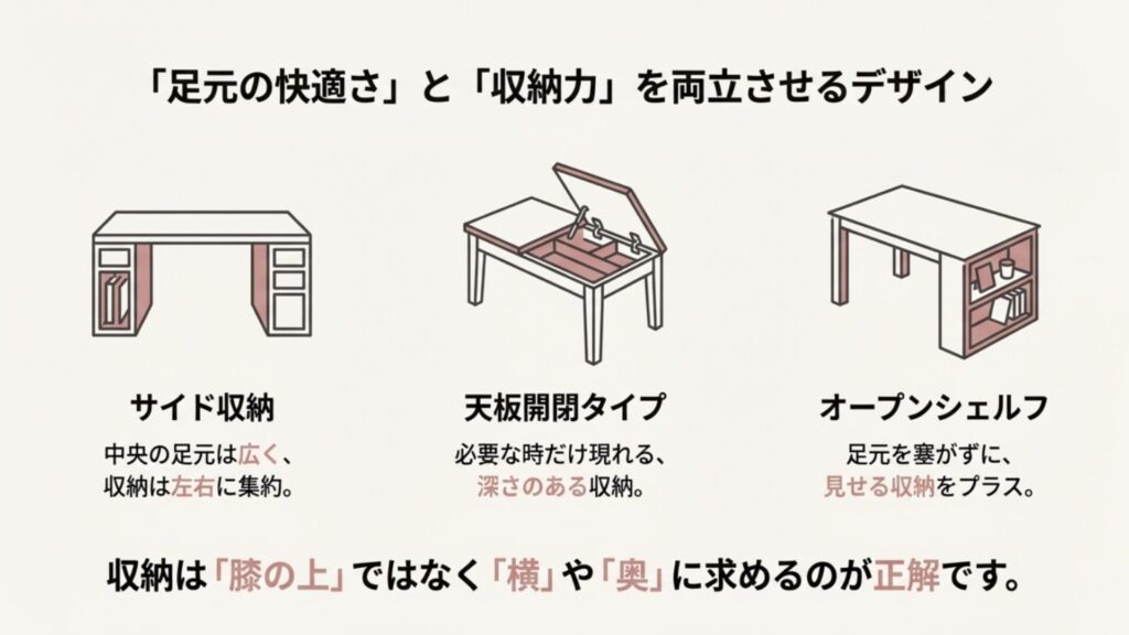 サイド収納、天板開閉タイプ、オープンシェルフなど、足元を塞がずに収納力を確保するデザインの図解