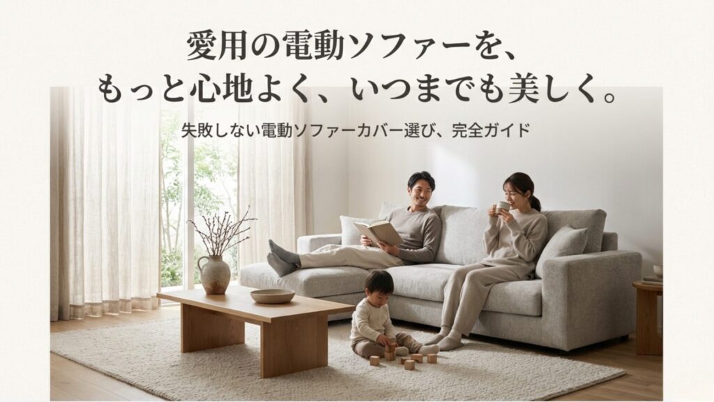 リビングで電動リクライニングソファーに座りくつろぐ家族と、失敗しないカバー選び完全ガイドのタイトル文字