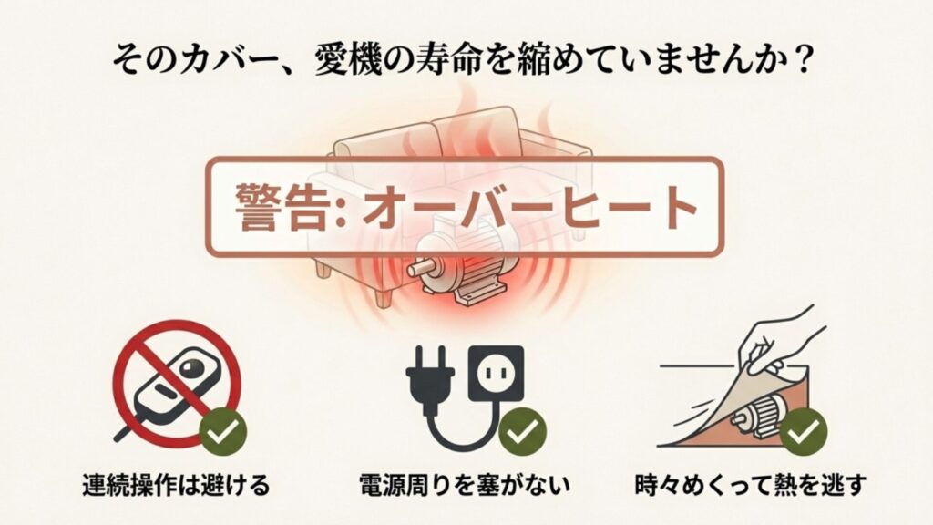 電動ソファーのオーバーヒートを防ぐための警告表示と、電源プラグ周りを塞がないための正しいカバーの掛け方