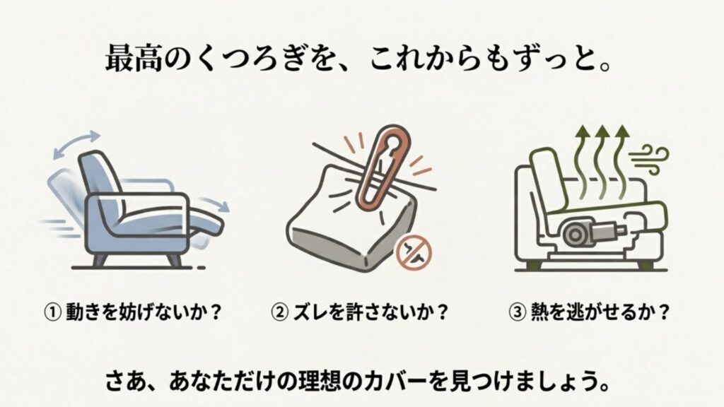 動きを妨げない、ズレを許さない、熱を逃がすという、快適な電動ソファーライフのための3つの重要ポイントのアイコン