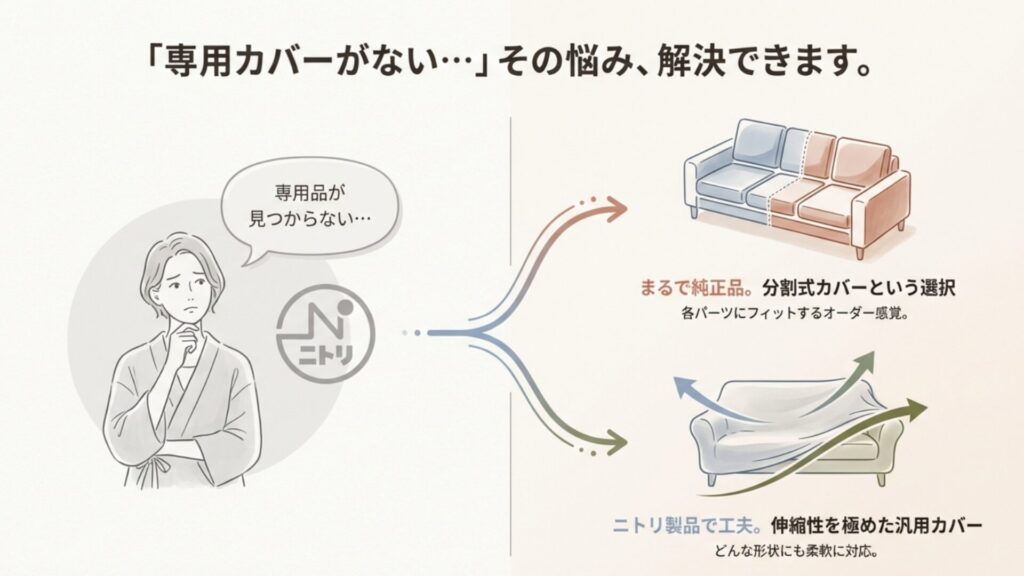 ニトリの電動ソファーにおける専用カバーがない悩みと、各パーツにフィットする分割式カバーおよび伸縮性のある汎用カバーのイメージ図