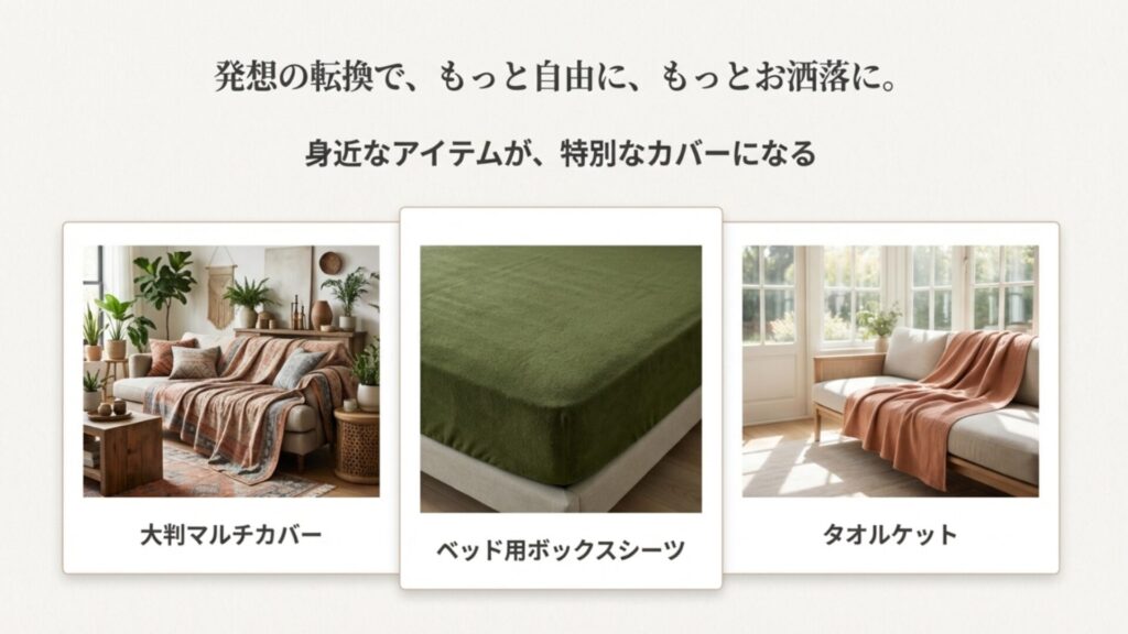 電動ソファーカバーの代用品として使える大判マルチカバー、タオルケット、ベッド用ボックスシーツの活用イメージ