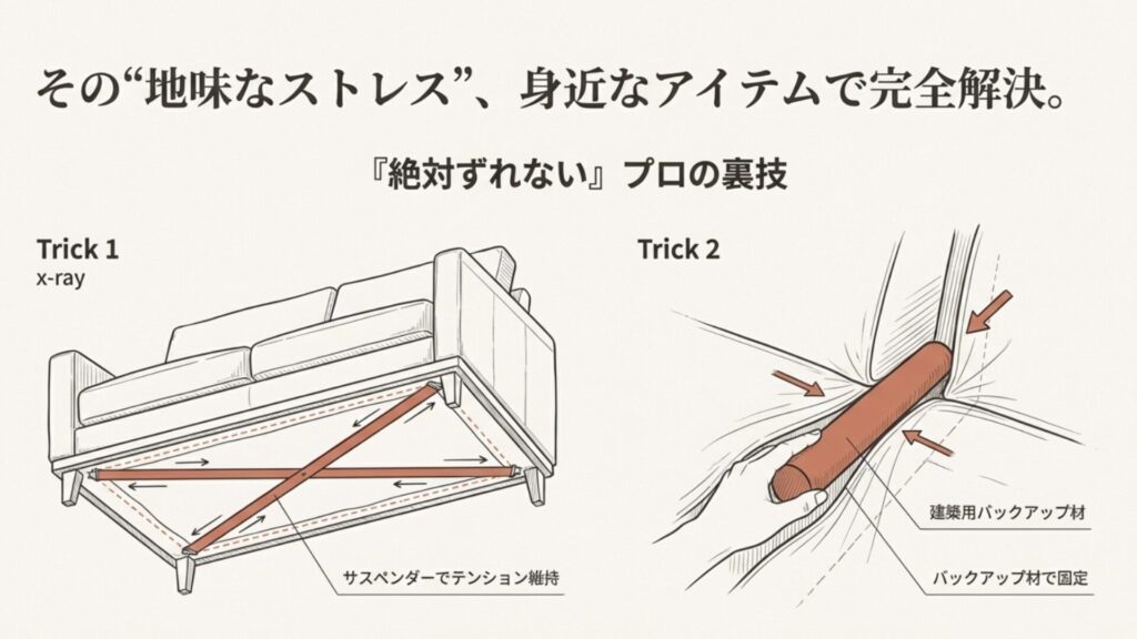 ソファーの裏側でサスペンダーを交差させてカバーを固定する方法と、隙間に建築用バックアップ材を押し込むズレ防止テクニックの図解