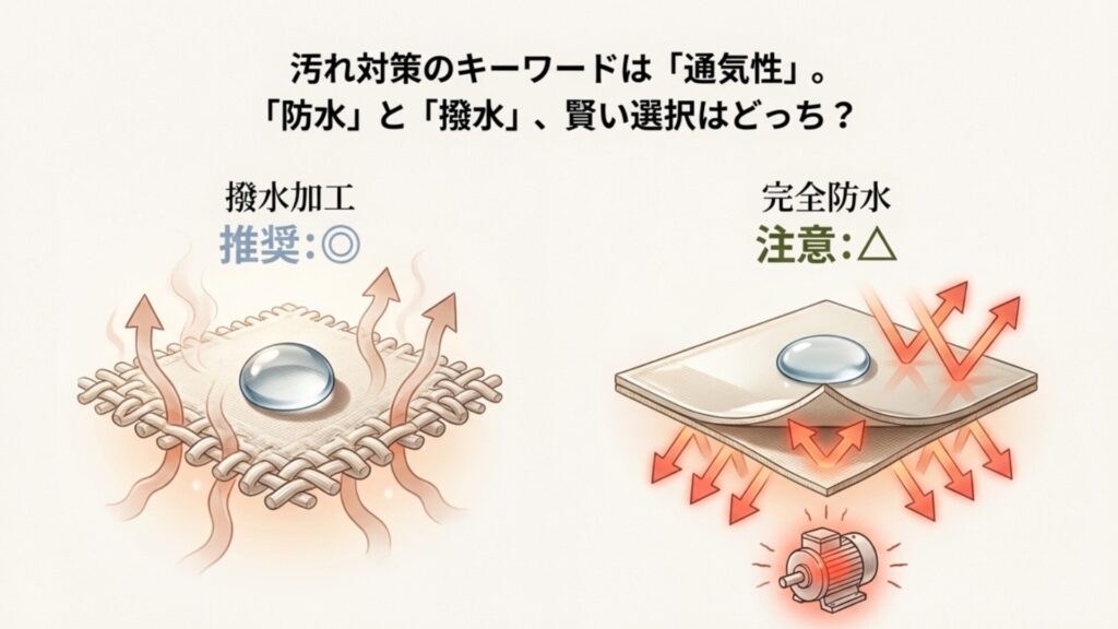 水分を弾きつつ空気を通す撥水加工の仕組みと、通気性を確保してモーター熱を逃がす重要性の図解