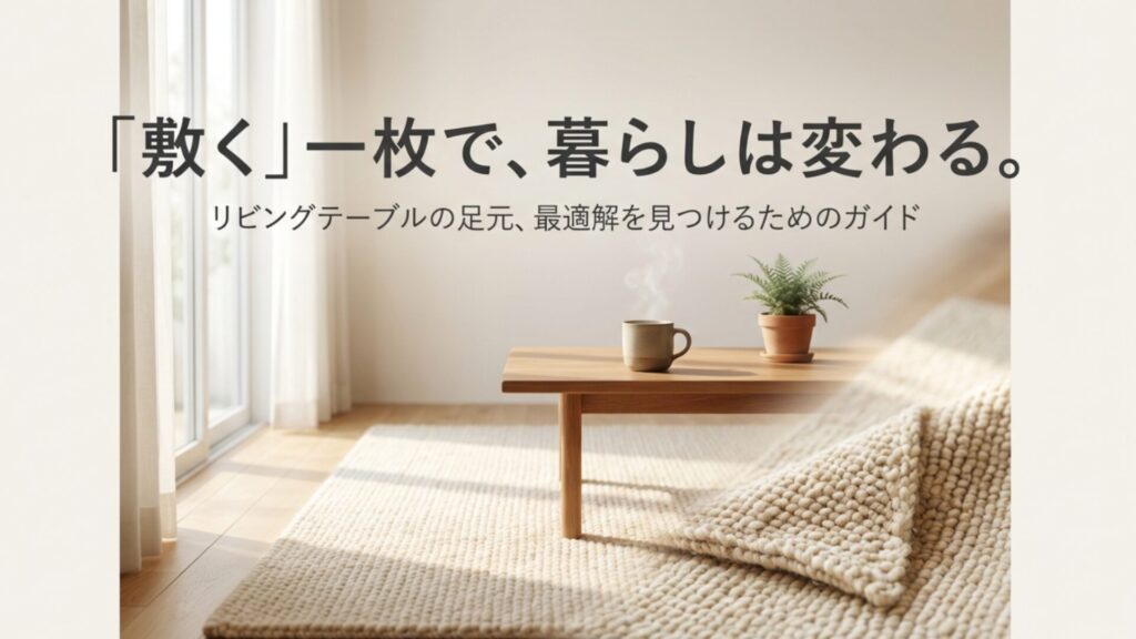 「敷く」一枚で暮らしは変わる、というキャッチコピーが入った、リビングテーブルの足元コーディネートの表紙イメージ。