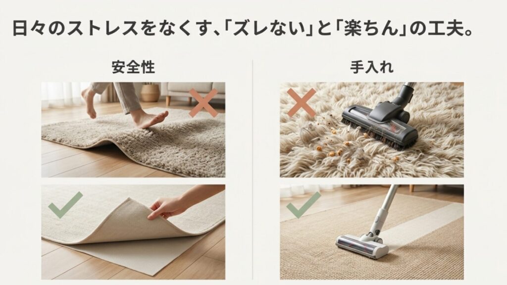 ラグのズレによる転倒リスク（NG例）と、掃除機がかけやすい毛足の短いラグ（OK例）の比較図。