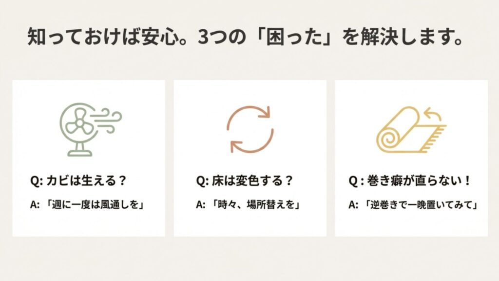 カビ対策（風通し）、床の変色防止（場所替え）、巻き癖の直し方（逆巻き）という3つのよくある質問への回答図解。