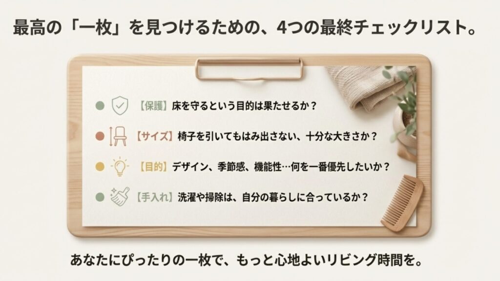 床の保護、サイズ、目的、手入れの4項目を確認する、ラグ選びの最終チェックリスト。