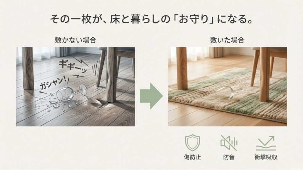 敷物を敷かない場合のグラス破損や騒音トラブルと、敷いた場合の傷防止・防音・衝撃吸収メリットの比較イラスト。
