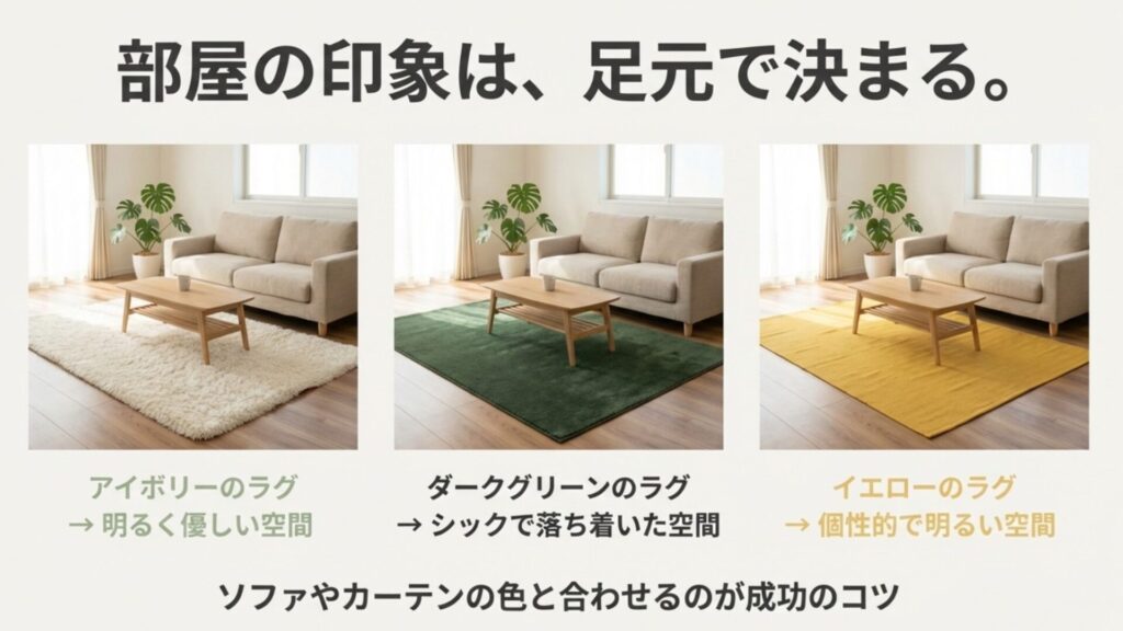 アイボリー、ダークグリーン、イエローのラグを敷いた部屋の比較写真。色が部屋の印象に与える効果を解説。