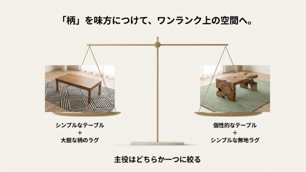 シンプルなテーブルには大胆な柄のラグ、個性的なテーブルにはシンプルな無地ラグを合わせるコーディネートの天秤図。