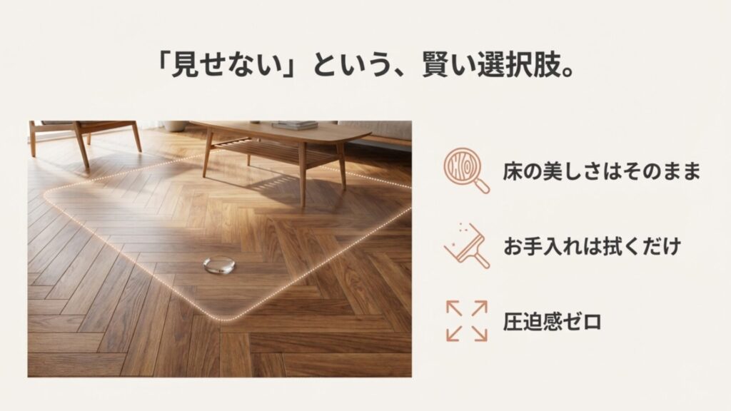 フローリングの木目を隠さず、圧迫感ゼロで床を保護できる透明クリアマットの設置イメージ。お手入れは拭くだけで簡単。