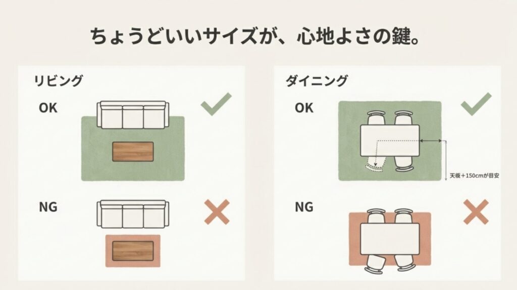 リビングのソファ前とダイニングテーブル下における、ラグの配置OK例とNG例の図解。ダイニングは天板＋150cmが目安。
