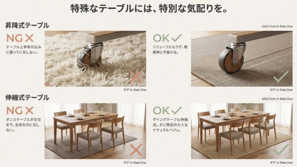 昇降式テーブルのキャスター巻き込み注意と、伸縮式テーブルを広げた時のラグサイズ不足の注意喚起図。