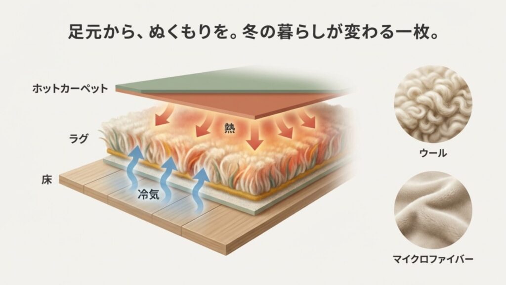 ホットカーペットの熱を逃がさないウールやマイクロファイバー素材を活用した、冬の足元の冷え対策イメージ。