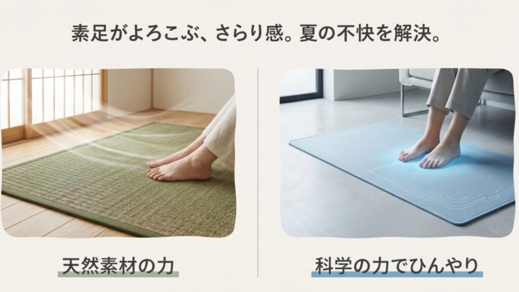 い草や接触冷感素材を使用した、夏でもベタつかず涼しく過ごせる足元マットのイメージ。