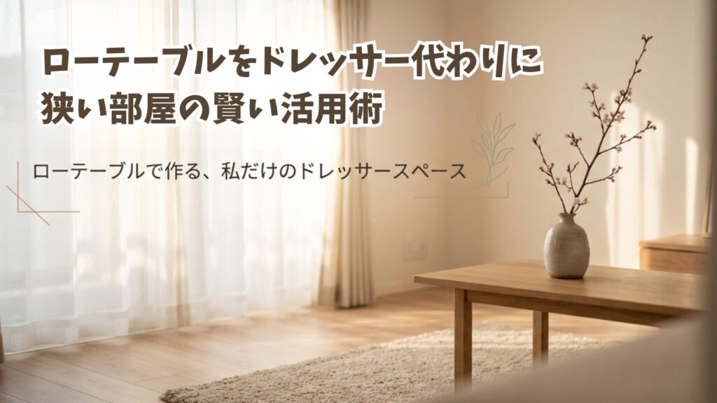 一人暮らしの部屋に置かれたおしゃれなローテーブルドレッサー。狭い部屋でもメイクスペースを作る活用術の表紙。