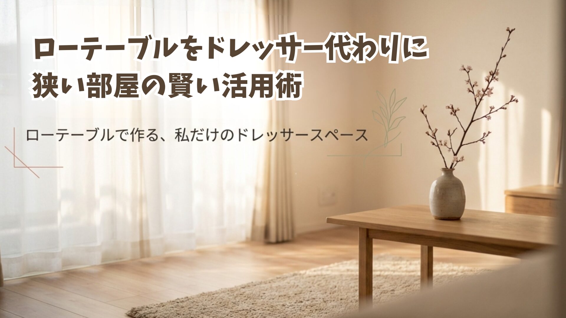 一人暮らしの部屋に置かれたおしゃれなローテーブルドレッサー。狭い部屋でもメイクスペースを作る活用術の表紙。