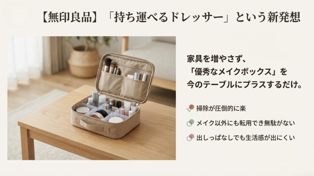 無印良品のメイクボックスとローテーブルを組み合わせた「持ち運べるドレッサー」の提案。掃除が楽で生活感が出にくいメリットの解説。
