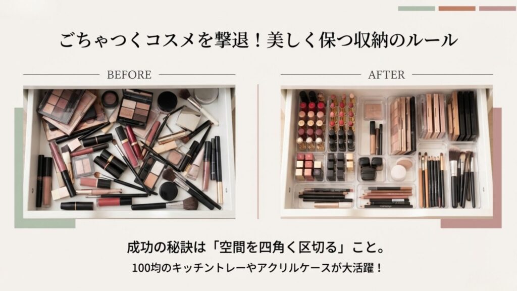 引き出しの中でコスメが散らかった状態と、トレーを使って整理整頓された状態の比較写真。空間を四角く区切る収納テクニック。