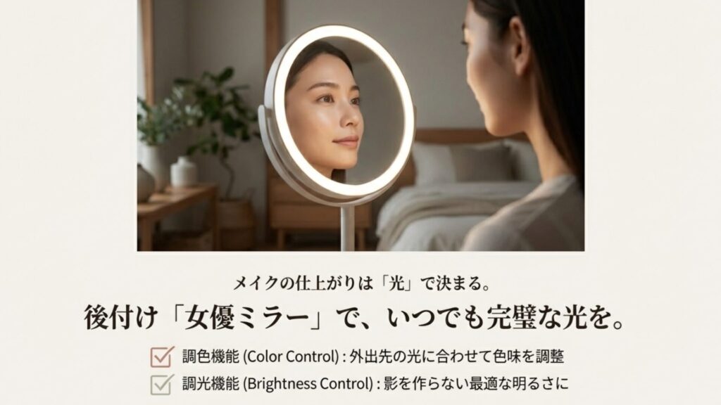 LEDライト付きミラー(女優ミラー)のイメージ。調色機能と調光機能のメリット解説。