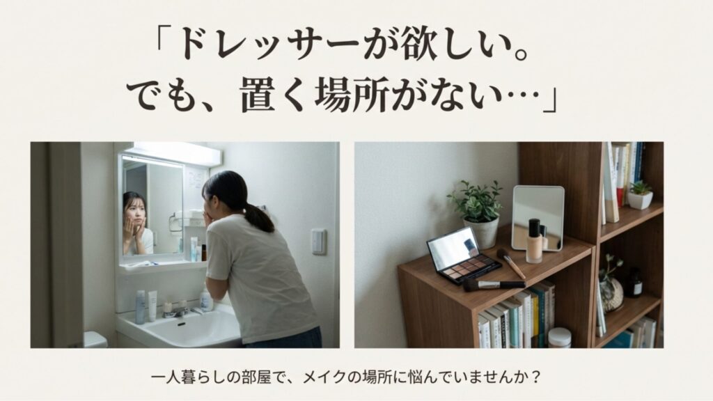 面所でメイクをする様子と、コスメで散らかった棚の比較画像。ドレッサーを置く場所がない悩みを表現。