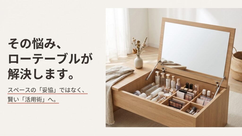 天板が開いて鏡になる機能的なローテーブル。狭い部屋でもスペースを有効活用できる解決策。