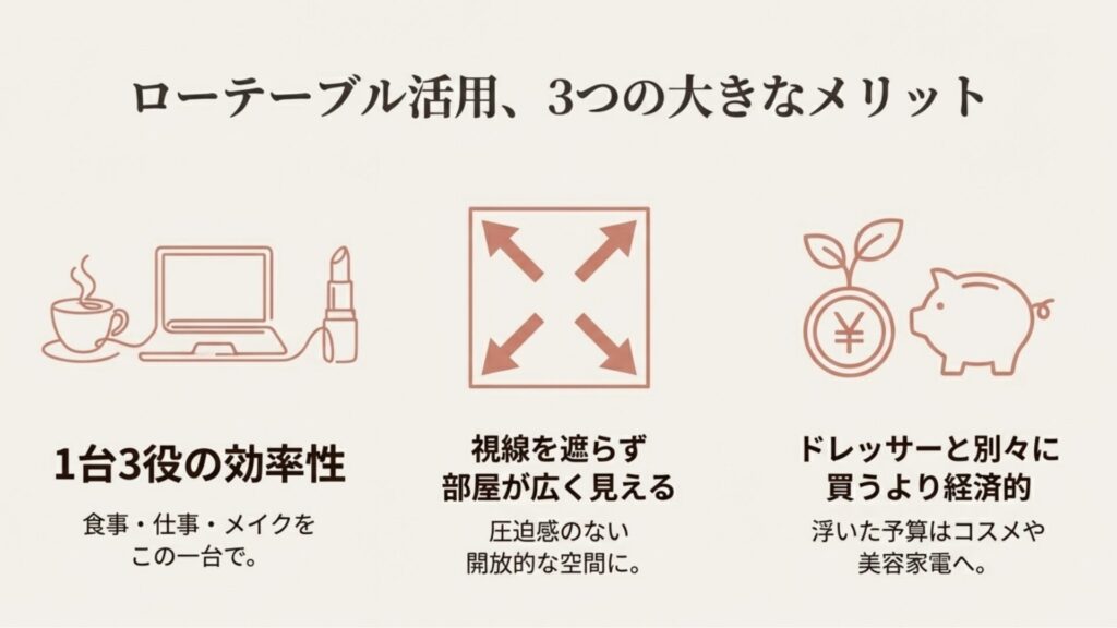 1台3役(食事・仕事・メイク)の効率性、部屋が広く見える効果、ドレッサー購入費用の節約を示すイラスト図解。