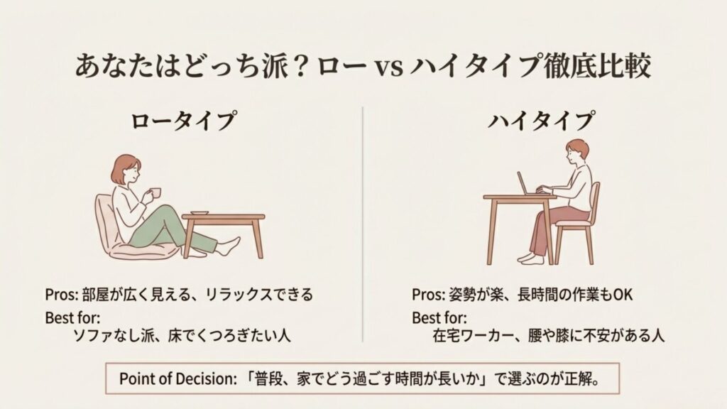 床に座るロータイプと椅子に座るハイタイプのメリット・デメリット比較チャート。ライフスタイル別の選び方ガイド。