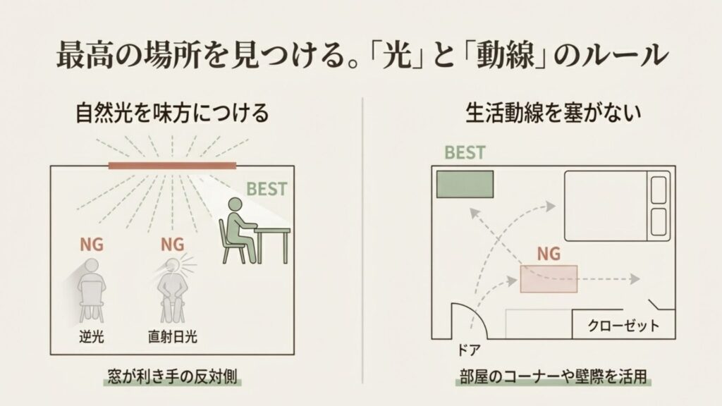 自然光が入る窓の位置関係と、部屋の生活動線を塞がない家具配置の良し悪し(NG/BEST)を示した間取り図解。