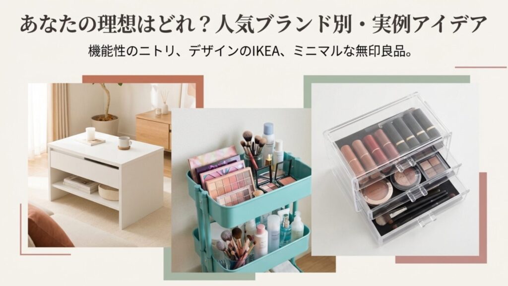 ニトリの機能性、IKEAのデザイン、無印良品のミニマルさなど、ブランド別の特徴をまとめたスライド。