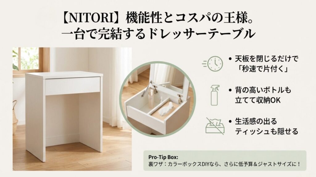 ニトリのドレッサーテーブルの機能解説。天板を閉じるだけで片付く仕組みや、ボトル縦置き収納、ティッシュ収納の図解。