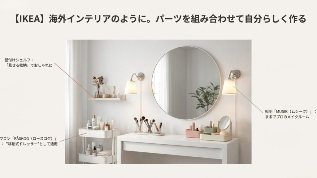 IKEAのワゴン「ロースコグ」や壁付けシェルフ、照明「ムシーク」を組み合わせた海外インテリア風ドレッサーの実例イメージ。