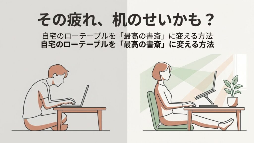 ローテーブルで猫背になりながらパソコン作業をする男性と、正しい姿勢でノートPCスタンドを使用して作業する女性の比較イラスト。