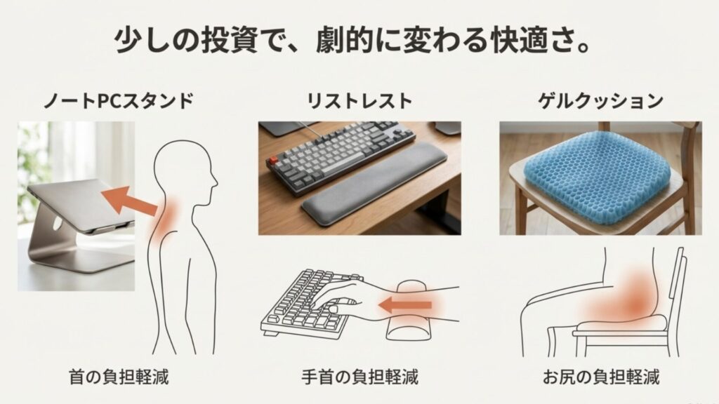 ノートPCスタンド、リストレスト、ゲルクッションの製品画像と、それぞれの負担軽減部位（首・手首・お尻）の図解。