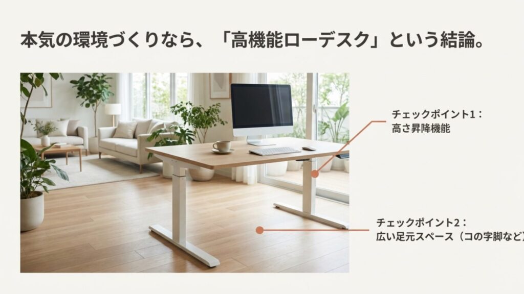 高機能ローデスクの選び方のポイント。高さ昇降機能と広い足元スペース（コの字脚）の重要性。